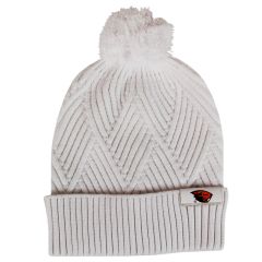White Diamond Knit Pom Beanie with Beaver